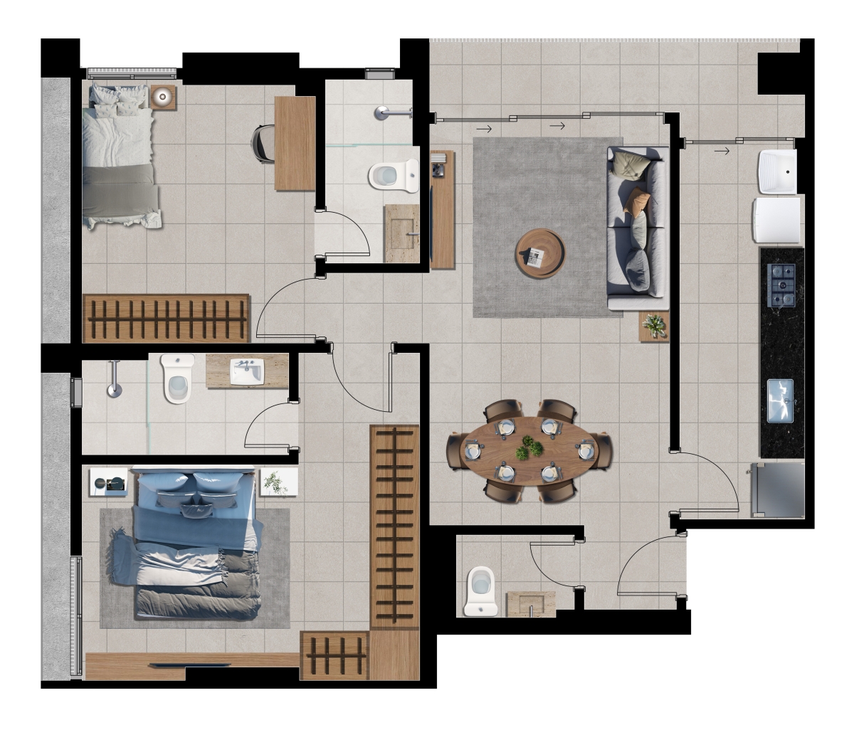 77 m² - 2 Suítes + Lavabo