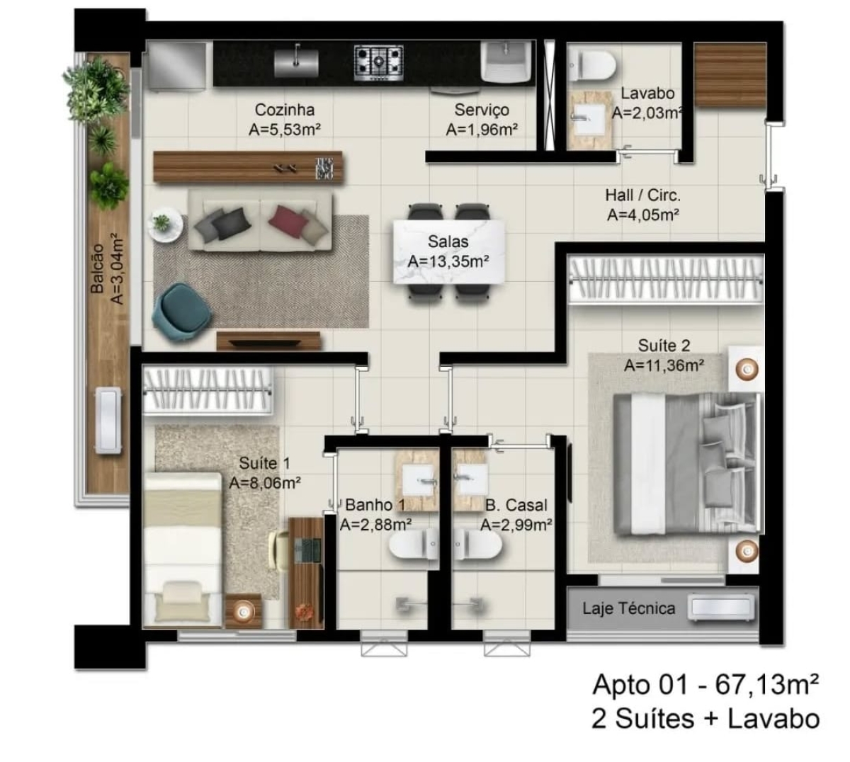 67 m² - 2 Suítes
