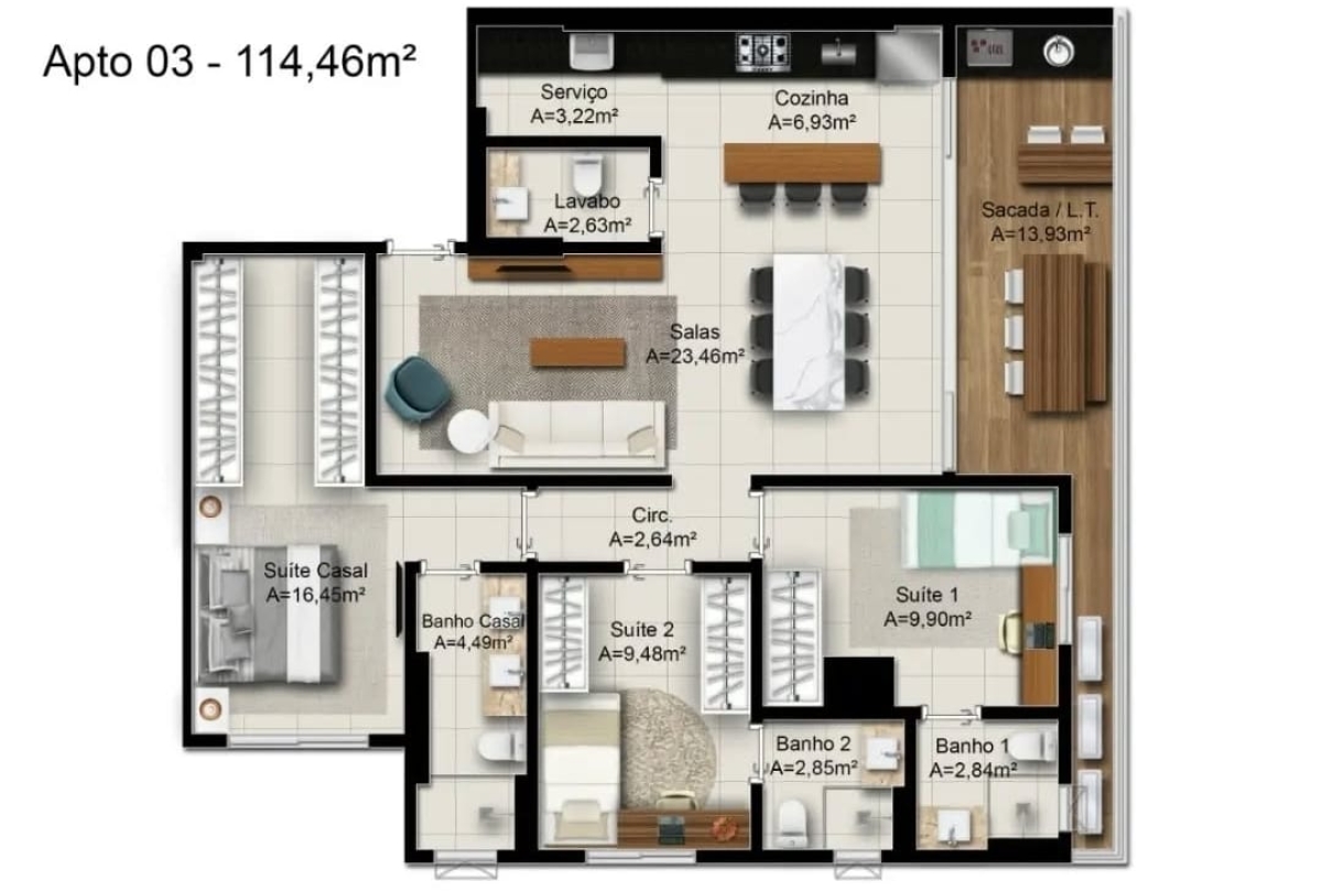 114 m² - 3 Suítes