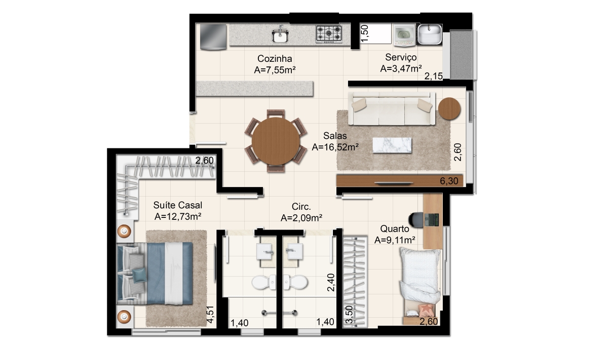 68 m² - 2 Quartos