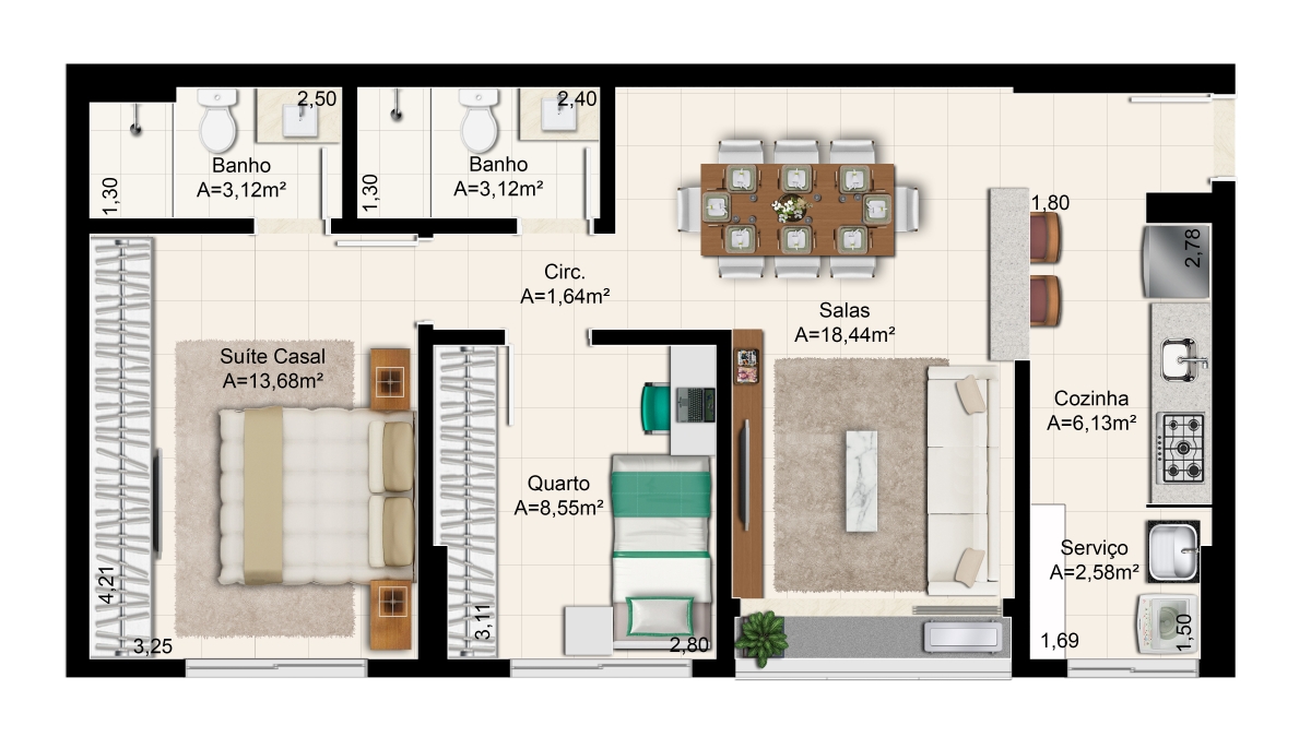 68 m² - 2 Quartos