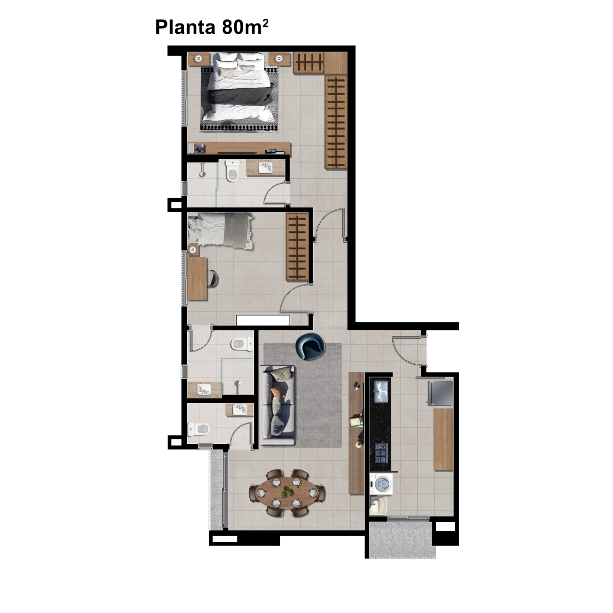 80 m² - 2 Suítes + Lavabo